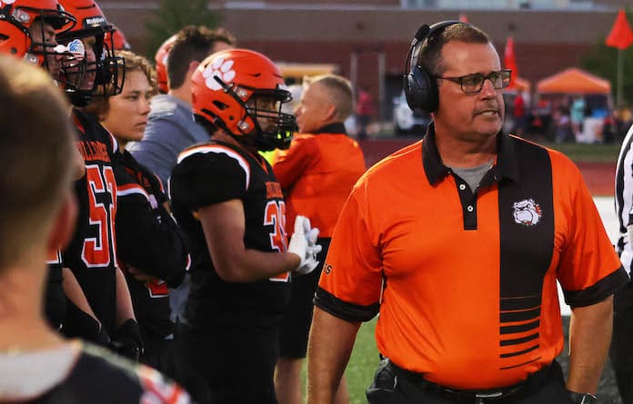 Waterloo coach Dan Rose stalks the sideline late in their game against St. Marys on Friday, September 8, 2023 at Waterloo High School in Waterloo, Illinois. Paul Baillargeon