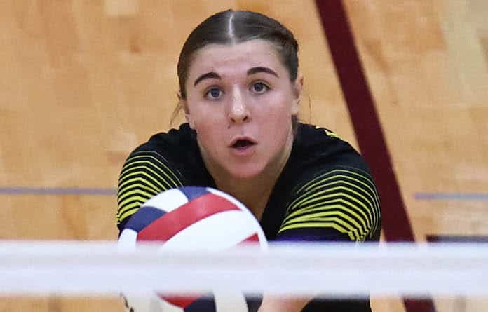 Mia McSchooler (5) of Valmeyer digs up a serve against St. Anthony in the Class 1A Sectional final at Nokomis High School on Wednesday, November 1, 2023. Paul Baillargeon