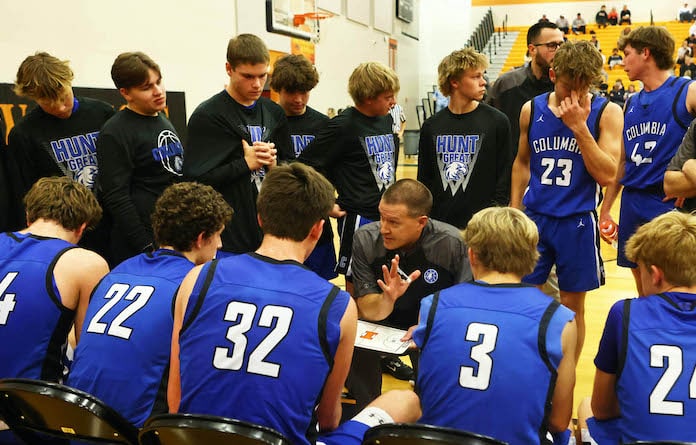 Columbia coach Mark Sandstrom talks to his Eagles during a time out against Mater Dei in a second round game of the Wesclin Tip- Off at Wesclin HIgh School on Tuesday, November 21, 2023. Paul Baillargeon