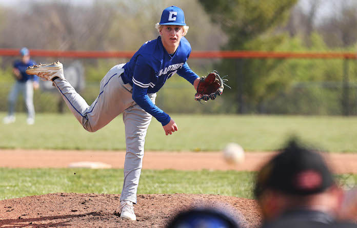 Lucas Riebeling of Columbia delivers a pitch to Waterloo in their game at Waterloo High School on Saturday, March 30, 2024.