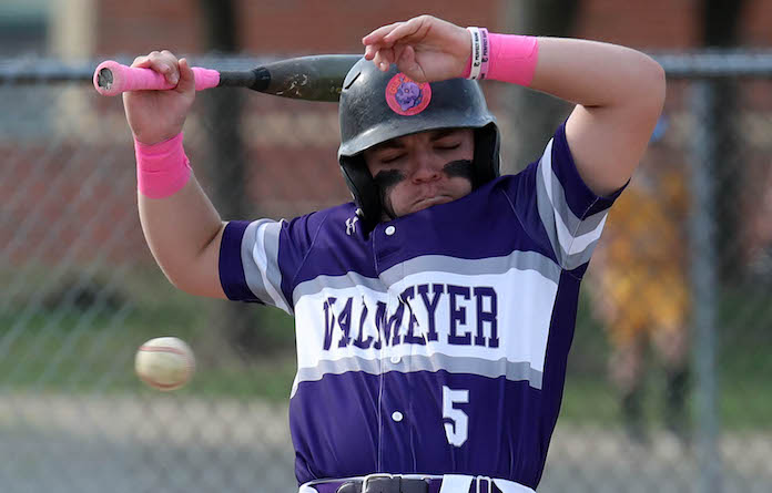 Troy Neff of Valmeyer backs up from an inside pitch from the St. Louis Patriots on Monday April 15, 2024 at Valmeyer High School.