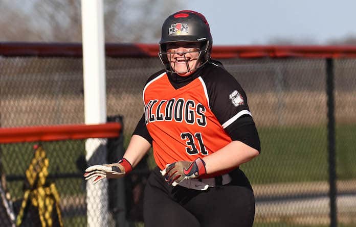 Raelyn Melching (31) of Waterloo runs to home plate after a grand slam in their game against New Athens on Wednesday, March 27, 2024 at Waterloo High School.