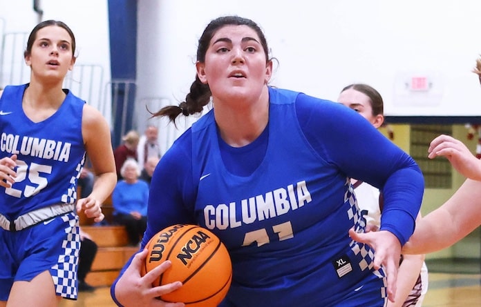 Brooke Bolsen (40) of Columbia goes in for a layup against Gibault at the Gibault Candy Cane Classic girls Christmas Tournament at Gibault Catholic High School on Saturday, December 21, 2024. Paul