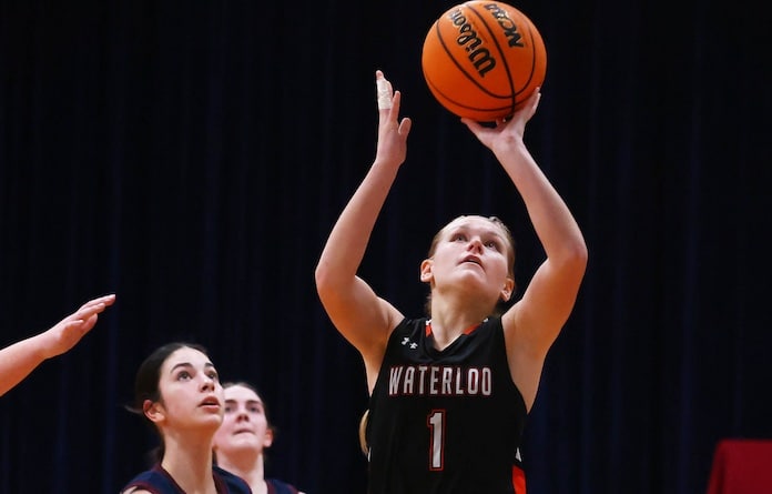 Paige Lindhorst (1) of Waterloo shoots a running layup against Gibault on Monday February, 3, 2025 at Gibault High School .