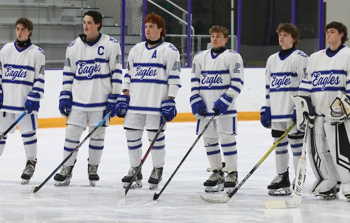 Columbia starting line up against Belleville stand on the blue line during the national anthem at the McKendree Metro Rec Plex on Tuesday, January 21, 2025 in O'Fallon, Illinois. Paul Baillargeon