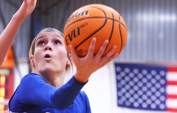 Sam Schmuke (3) of Columbia looks to score against Gibault at the Candy Cane Classic girls Christmas Tournament at Gibault Catholic High School on Saturday, December 21, 2024. Paul Baillargeon