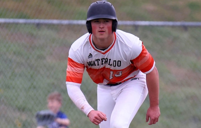 Patrick O'Donnell of Waterloo creeps down the third base line looking to score against Columbia at the Columbia Middle School in Columbia, Illinois on Friday, March 28, 2025.