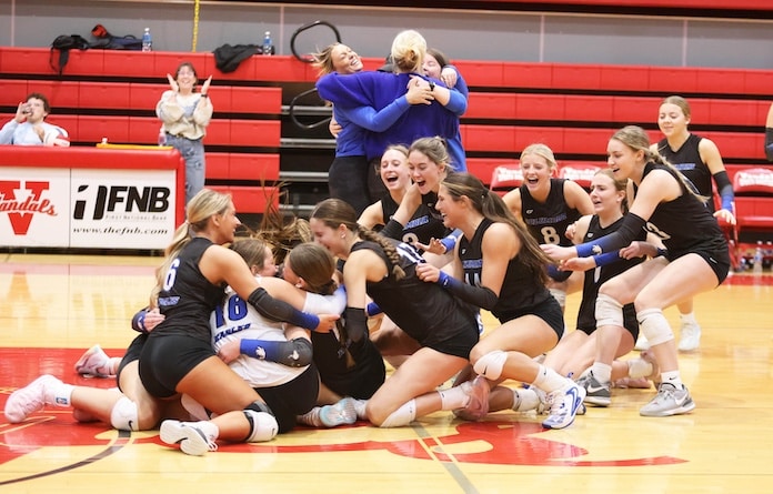The Columbia Eagles come off the bench to celebrate to defeat Rochester at the Vandalia Super-Sectional on Monday November 10, 2025.