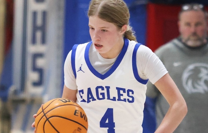 Riley Bahr (4) of Columbia dribbles up the cort against Waterloo in the third place game of the Tip Off Classic at Columbia High School on Saturday November 22, 2025.