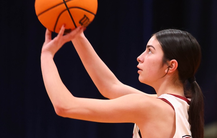 Karmon Grohmann (12) of Gibault take a free throw shot against Valmeyer in a non conference girls basketball game at Gibault Catholic High School in Waterloo, Illinois on Tuesday January 20; 2026. Paul Baillargeon