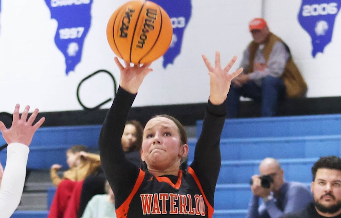 Mallory Thompson (23) of Waterloom takes a three point shot against Columbia in the third place game of the Tip Off Classic at Columbia High School on Saturday November 22, 2025.