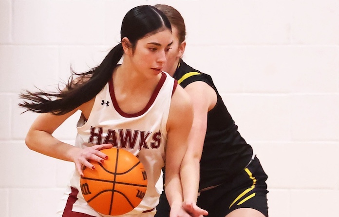 Karmon Grohmann (12) of Gibault drives to the basket against Valmeyer in a non conference girls basketball game at Gibault Catholic High School in Waterloo, Illinois on Tuesday January 20; 2026. Paul Baillargeon