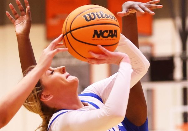 Kinley Jany (10) of Columbia goes up for the shot and is fouled by Marquettte in day 2 of the Waterloo High School Girls Holiday Tournament in Waterloo on Saturday December 27, 2025. Paul Baillargeon