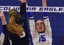 Claire Barbour (5) of Gibault attacks the net as Maura Kohlenberger (15) of Columbia defends the net in a vollyball match at Columbia High School on Monday, September 18, 2023.