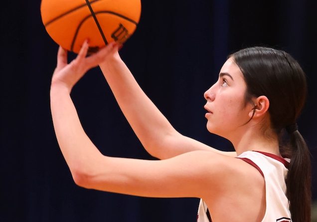 Karmon Grohmann (12) of Gibault take a free throw shot against Valmeyer in a non conference girls basketball game at Gibault Catholic High School in Waterloo, Illinois on Tuesday January 20; 2026. Paul Baillargeon