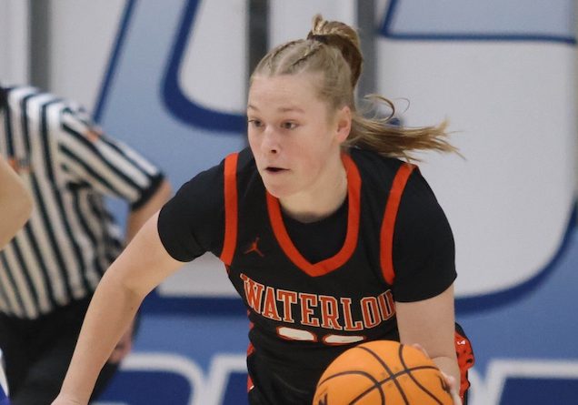 Aubrey Heck (22) of Waterloo dribbles up the court against Columbia in the Tip Off Classic at Columbia High School on Saturday November 22, 2025.