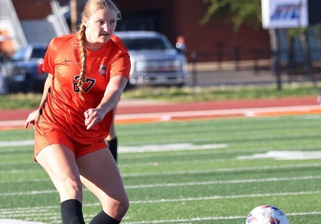 Megan Huebner (27) of Waterloo passes the ball against Gibault in a soccer match at Waterloo High School on Monday April 21, 2025.
