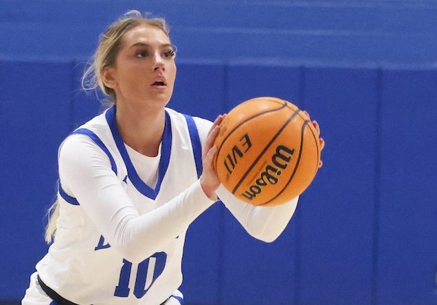 Kinley Jany (10) of Columbia fakes a shot then passes the ball against Waterloo in the third place game of the Tip Off Classic at Columbia High School on Saturday November 22, 2025.