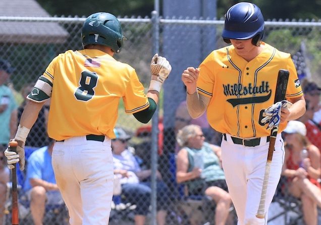 Tony Kossina (8) of Mistadt fist bumps Ben Stedman (6) after scoring against the Tribe at the Valmeyer Mid Summer Classic in Valmeyer Il. on Friday July 4, 2025.