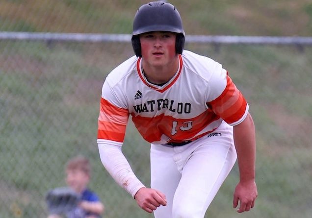 Patrick O'Donnell of Waterloo creeps down the third base line looking to score against Columbia at the Columbia Middle School in Columbia, Illinois on Friday, March 28, 2025.