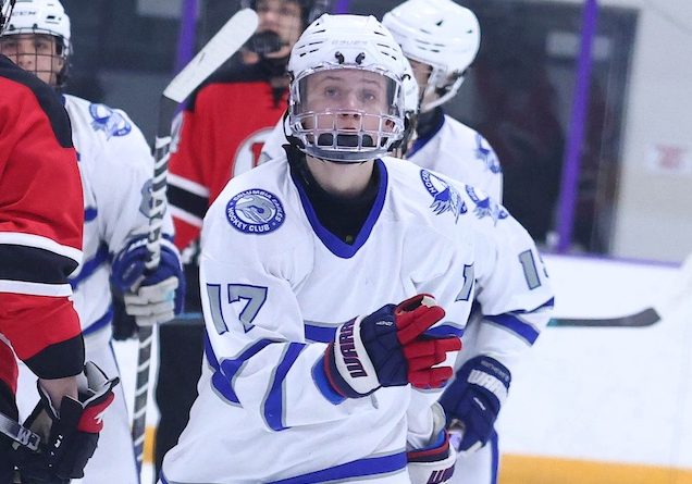 Kaden Ross (17) of Columbia skates to the bench after scoring against Highland at the McKendree Metro Rec Plex on Tuesday December 23, 2025. Paul Baillargeon