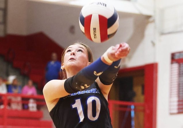 Claire Sandstrum (10) of Columbia keeps the play alive against Rochester at the Vandalia Super-Sectional on Monday November 10, 2025.