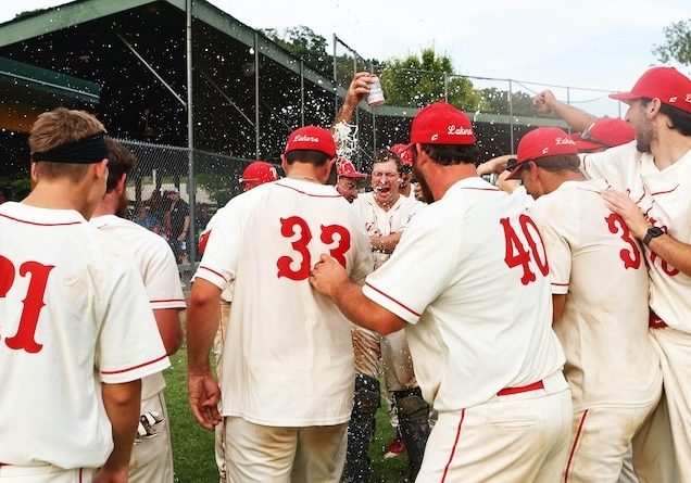 The Lakers celebrate after defeating Waterloo 8-0 in game 2 and sweep the series as Valmeyer wins the Mon Clair Championship at Borsch Park in Valmeyer, Illinois on Saturday August 9, 2025.