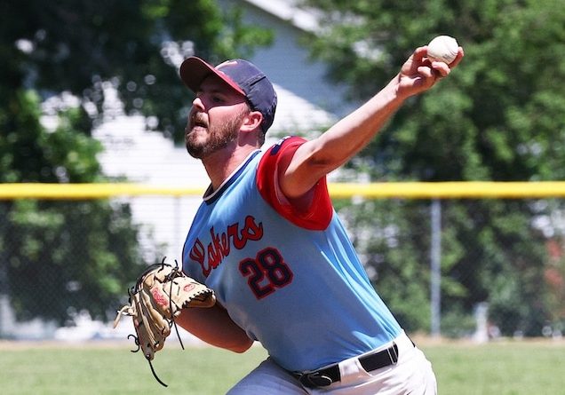 Jacob Thompson (28) of Valmeyer delivers a pitch to Millstadt in a semifinal  Mon Clair baseball game at SPPS fields in Waterloo, Illinois on Sunday, August 4, 2024. Paul Baillargeon