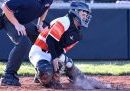 Chaten Kirchner (15) of Waterloo blocks a pitch in the dirt on a swinging strike three against Trico in a baseball game at Waterloo High School on Wednesday, March 27, 2024.